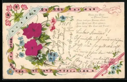 Stoff-Präge-AK Wenn der Wind..., Gedicht, Rosen u. Vergissmeinnicht, Ornament-Rahmen