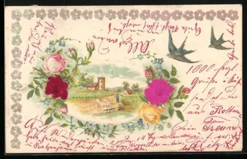 Stoff-Präge-AK Schäfer-Idylle, Rosen- u. Vergissmeinnicht-Rahmen, Schwalben