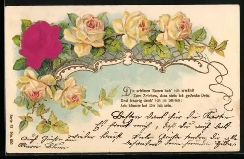 Stoff-Präge-AK Rote u. weisse Rosen, Gedicht, geprägtes Ornament