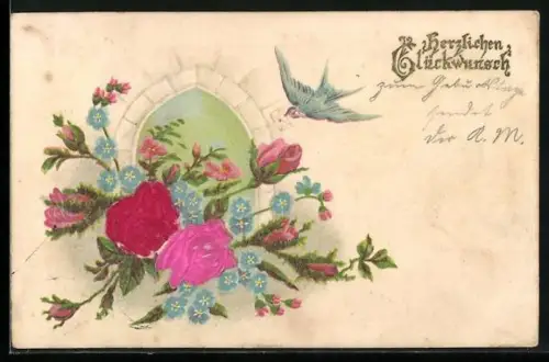 Stoff-Präge-AK Rosenstrauss mit Vergissmeinnicht, Taube mit Brief