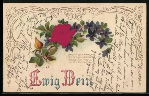 Stoff-Präge-AK Ewig Dein, Rosen u. Veilchen, Ornament-Rahmen