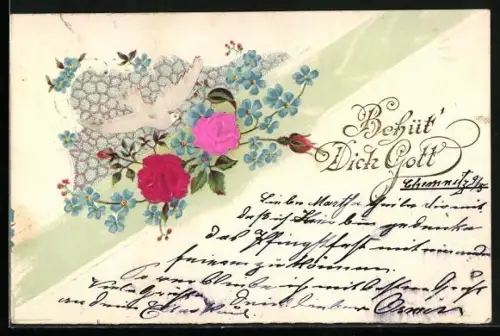 Stoff-Präge-AK Rosen u. Vergissmeinnicht, Behüt Dich Gott