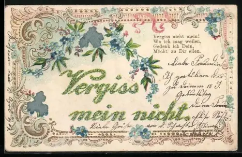 Stoff-Präge-AK Vergissmeinnicht, Ornament-Rahmen, Gedicht