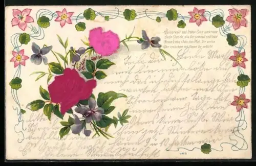 Stoff-Präge-AK Rosen und Veilchen, Gedicht, Blumen-Ornament