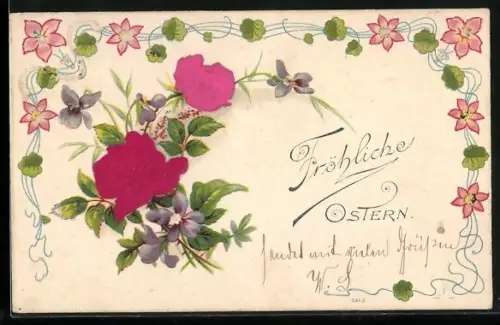 Stoff-Präge-AK Rosen und Veilchen, Blumen-Ornament, Ostergruss