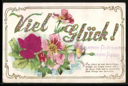 Stoff-Präge-AK Viel Glück!, geprägter Schriftzug mit Blumen, Gedicht