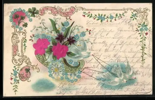 Stoff-Präge-AK Blumenwagen mit ziehenden Tauben, Rosen u. Vergissmeinnicht, Ornament