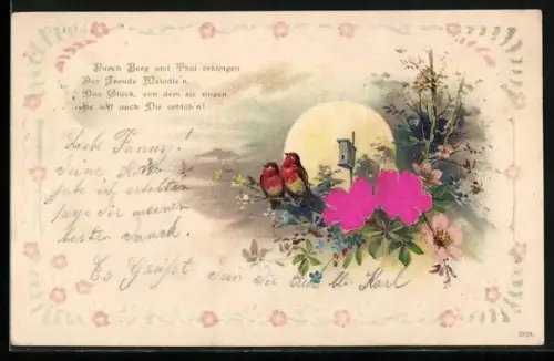 Stoff-Präge-AK Rotkehlchen mit Rosen u. Vergissmeinnicht, geprägter Ornament-Rahmen