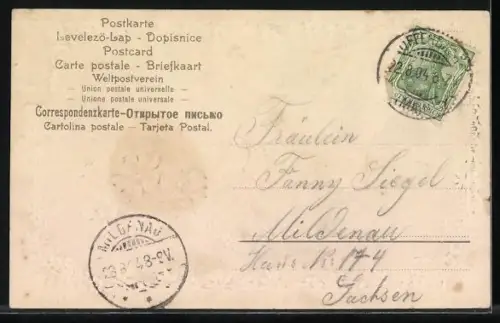 Stoff-Präge-AK Rotkehlchen mit Rosen u. Vergissmeinnicht, geprägter Ornament-Rahmen