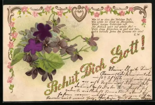 Stoff-Präge-AK Veilchenstrauss, Gedicht, geprägter Schriftzug Behüt Dich Gott