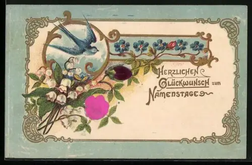Stoff-Präge-AK Maiglöckchen, Schwalbe, Rose u. Vergissmeinnicht, geprägter Ornament-Rahmen, Namenstagsgruss