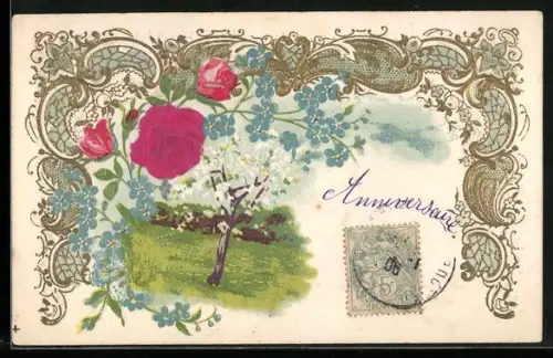 Stoff-Präge-AK Frühlingsidylle, Rosen u. Vergissmeinnicht, geprägter Ornament-Rahmen