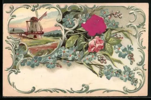 Stoff-Präge-AK Windmühle, Rosen u. Vergissmeinnicht, Ornament