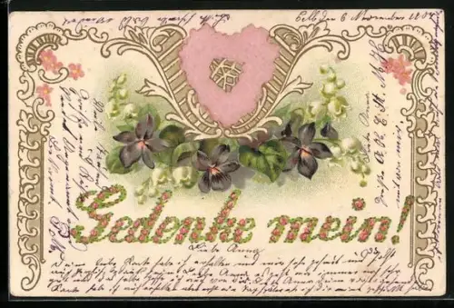 Stoff-Präge-AK Gedenke mein!, Herz, Veilchen u. Maiglöckchen, geprägter Ornament-Rahmen