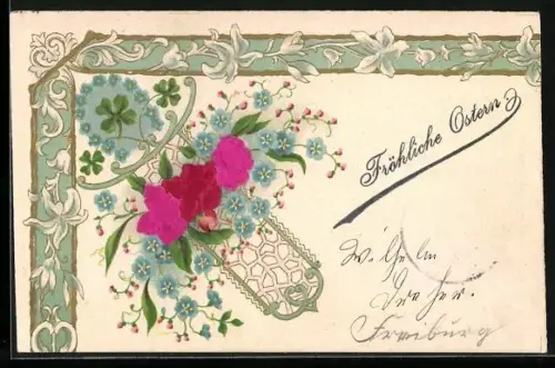 Stoff-Präge-AK Blumenpracht & Vergissmeinnicht, Ornamente und Kleeblätter