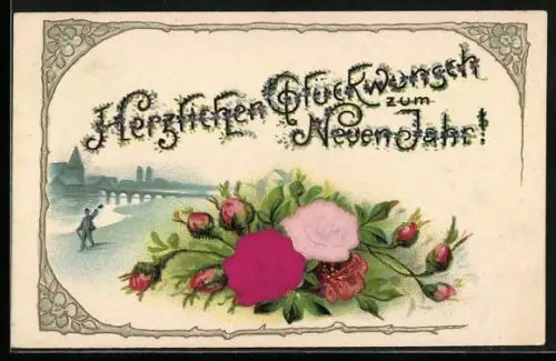 Stoff-Präge-AK Grüssender am Flussufer, Rosen, geprägter Ornament-Rahmen, Neujahrsgruss