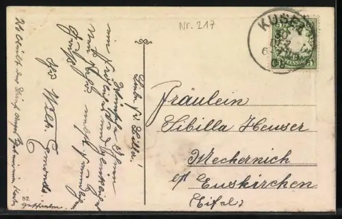 Stoff-Präge-AK Grüssender am Flussufer, Rosen, geprägter Ornament-Rahmen, Neujahrsgruss
