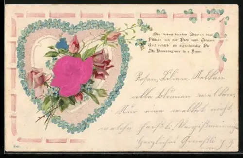 Stoff-Präge-AK Rose u. Alpenveilchen im Vergissmeinnicht-Herz, geprägter Ornament-Rahmen, Gedicht