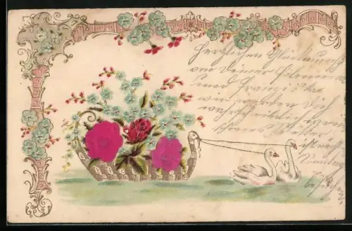 Stoff-Präge-AK Schiff mit Rosen u. Vergissmeinnicht, von Schwänen gezogen, geprägter Ornament-Rahmen