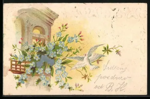 Stoff-Präge-AK Taubenpaar vor Fenster mit Balkon u. Vergissmeinnicht-Strauss, geprägtes Ornament