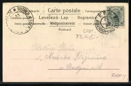 Stoff-Präge-AK Taubenpaar vor Fenster mit Balkon u. Vergissmeinnicht-Strauss, geprägtes Ornament