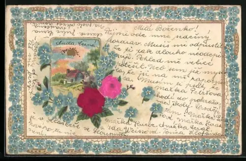 Stoff-Präge-AK Frühlingsidylle mit Rosen u. Vergissmeinnicht, geprägter Ornament-Rahmen