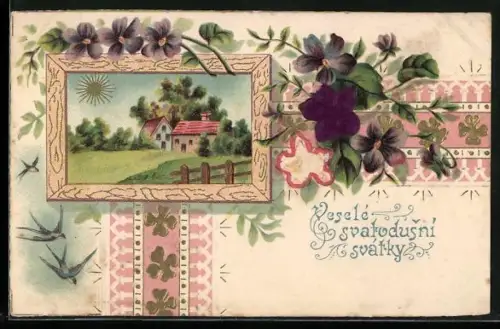 Stoff-Präge-AK Veselé svatodusni svátky!, Bauernhaus und Blumen
