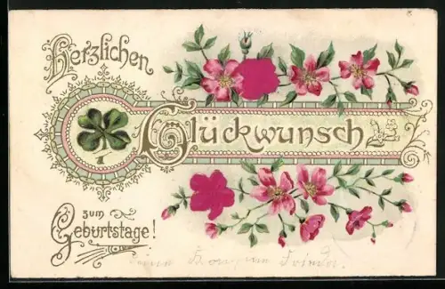 Stoff-Präge-AK Glücksklee, Rosen, geprägter Ornament-Rahmen, Geburtstagsgruss