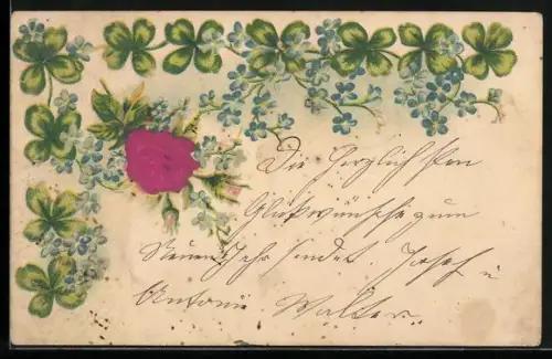 Stoff-Präge-AK Rose u. Vergissmeinnicht mit Glücksklee