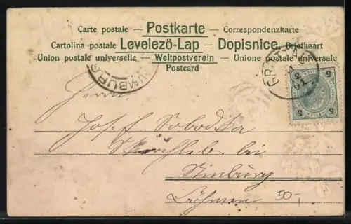 Stoff-Präge-AK Rose u. Vergissmeinnicht mit Glücksklee