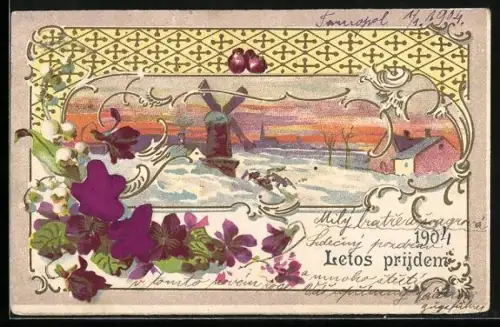 Stoff-Präge-AK Windmühle im Winter, Veilchen u. Maiglöckchen, Ornament