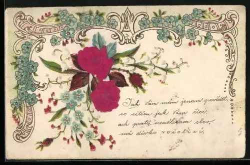Stoff-Präge-AK Rosen, Maiglöckchen u. Vergissmeinnicht, geprägter Ornament-Rahmen