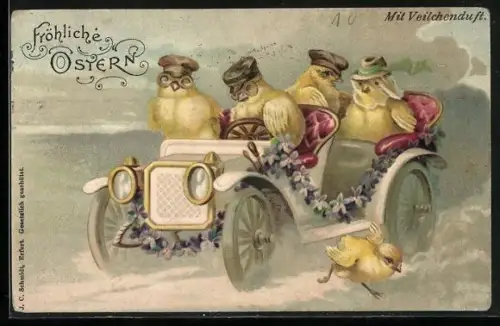 Duft-AK Osterküken in einem Auto mit Veilchengirlande, Fröhliche Ostern
