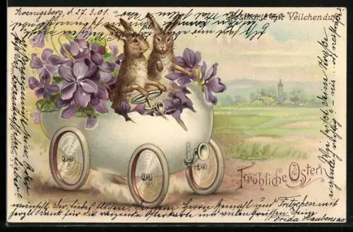 Duft-AK Osterhasen in einem Eierschalen-Auto mit Veilchenduft, Fröhliche Ostern
