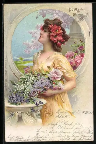 Duft-AK Frau im gelben Kleid mit Blumen, Karte mit Blumenduft