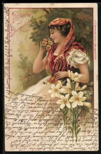 Duft-AK Dame riecht an Rosen, Karte mit Blumenduft
