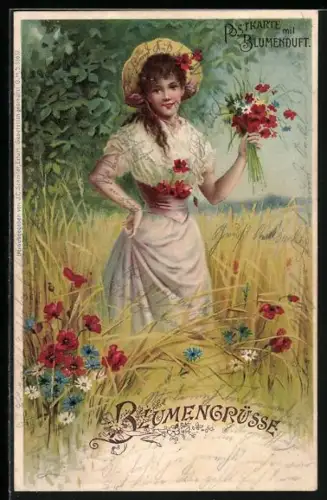 Duft-AK Frau in einem Feld mit Mohn und Kornblumen, Karte mit Blumenduft