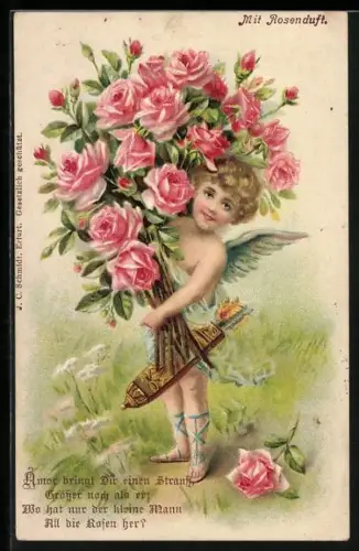 Duft-AK Amor trägt einen Strauss duftende Rosen