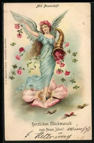 Duft-AK Neujahrsengel mit einem Füllhorn voll duftender Rosen