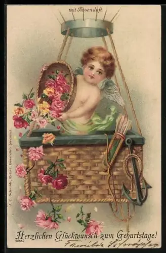 Duft-AK Engel mit Blumenkorb in einem Ballon, Geburtstag, Karte mit Rosenduft