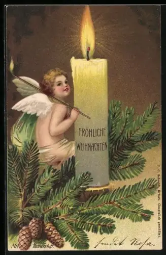 Duft-AK Weihnachtsengel an einer Christbaumkerze mit Aufschrift Fröhliche Weihnachten!, Karte mit Tannenduft