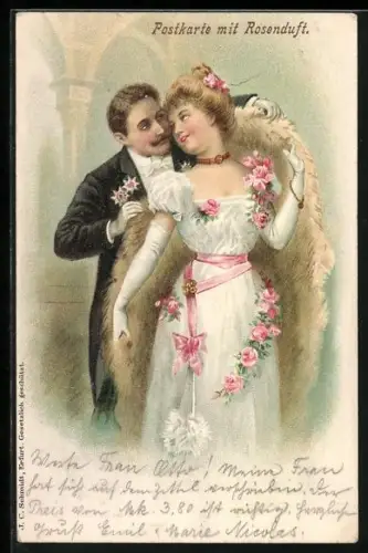 Duft-AK Herr und Dame im Kleid mit Blumen