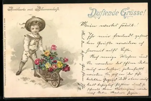 Duft-AK Knabe mit Schubkarre voller Blumen