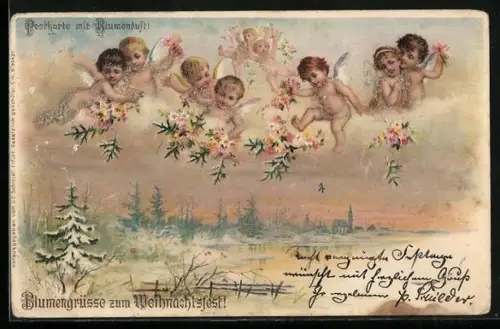 Duft-AK Weihnachtsengel in den Wolken über winterlicher Landschaft, Weihnachtsgruss