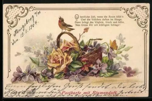 Duft-AK Rotkelchen und Rosenblüten
