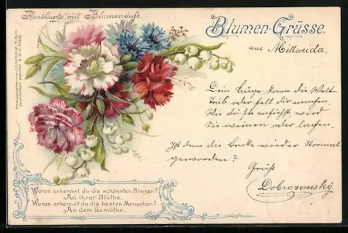Duft-AK Postkarte mit Blumenduft, Nelken und Kornblumen