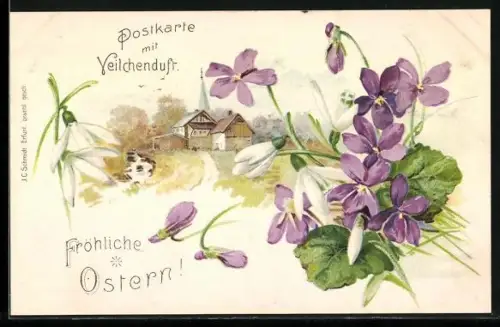 Duft-AK Veilchenstrauss, Ortsansicht mit Kirche