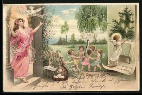 Duft-AK Neujahrsengel, Christkind und Osterhasen, Postkarte mit Tannenduft
