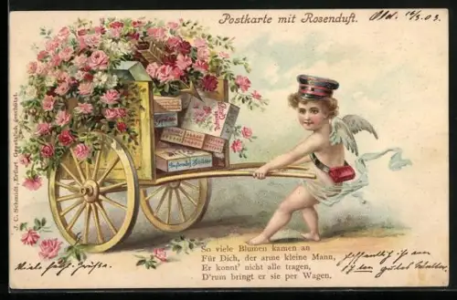 Duft-AK Engel zieht einen Wagen mit Blumen und Paketen