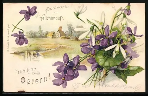 Duft-AK Veilchen und idyllische Landschaft